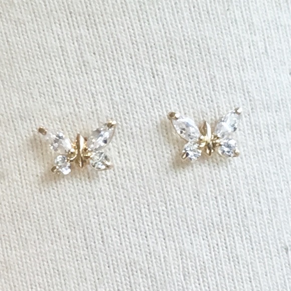 Solid 14K Yellow Gold Cz butterfly Earrings - Picture 7 of 8